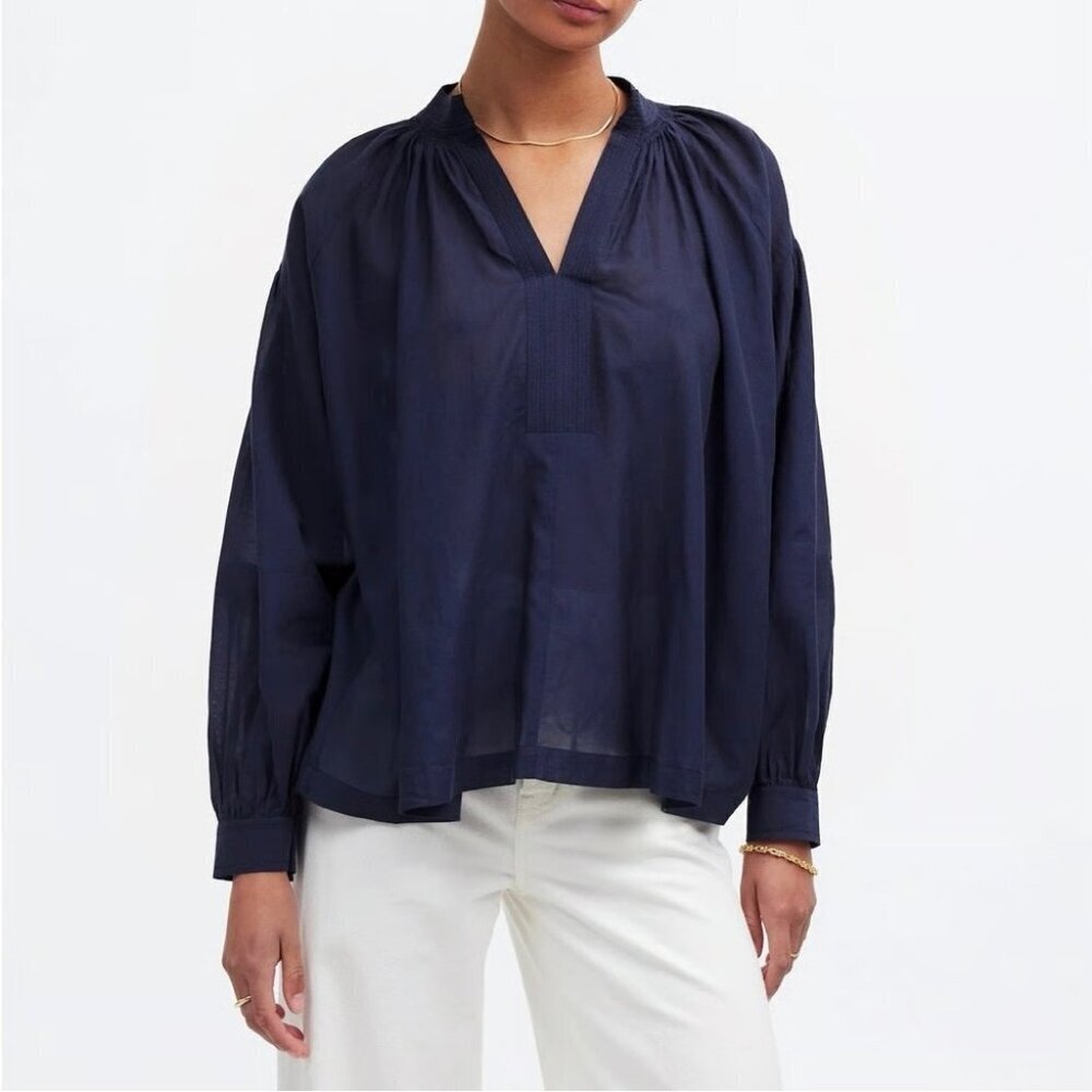 Madewell Shirred Long sleeves Flowy V-neck Navy Blue Blouse Size Large